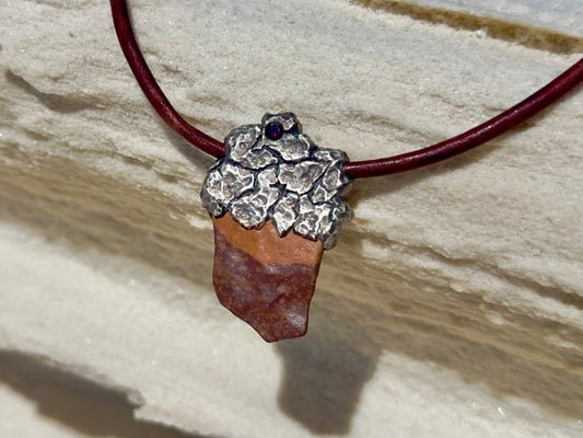 Capped Collected Rocks Necklace on Leather- Garnet